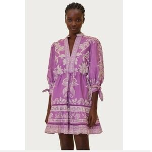 Farm Rio Lilac Sweet Garden Mini Dress Purple Tropical Woodcut Print Cotton NWT